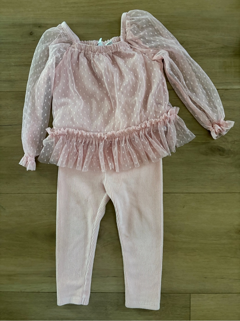 Janie and Jack Light Pink Tulle Dot Top & Ribbed Leggings Matching Set
